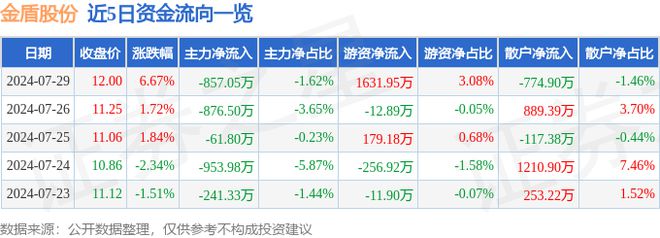 金盾股份（300411）7月29日主力资金净卖出85705万元